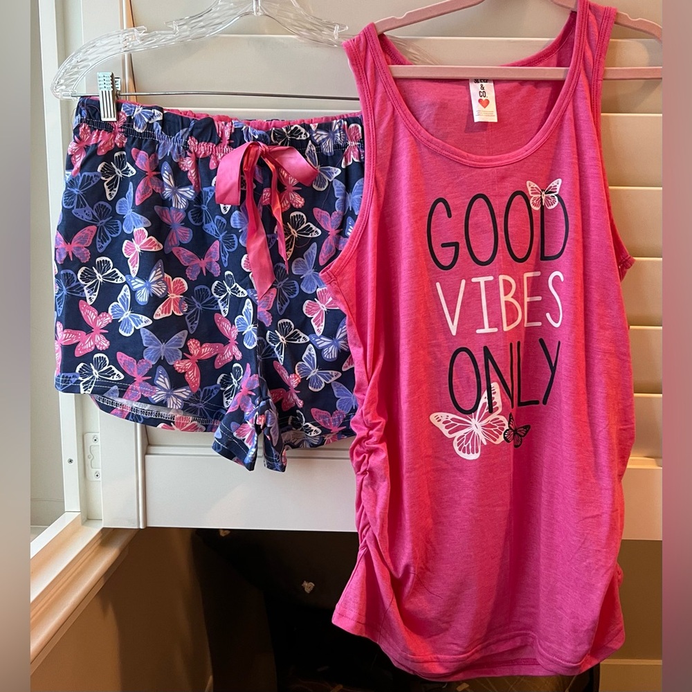 Sleep & Company -NWT -  Pink and Blue Butterfly Pajama Set -Shorts Med/Top Small